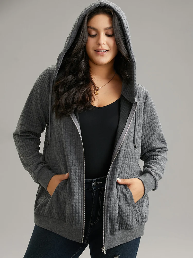Plain Zipper Drawstring Jacquard Jacket