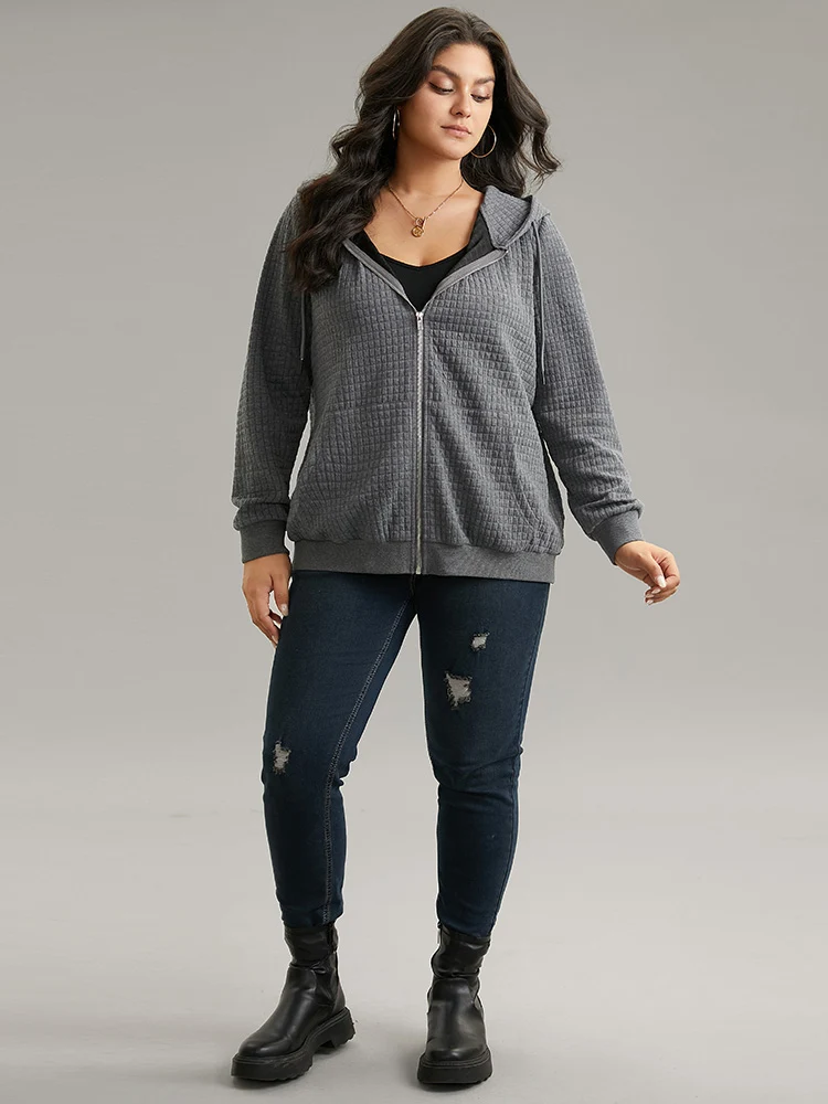 Plain Zipper Drawstring Jacquard Jacket