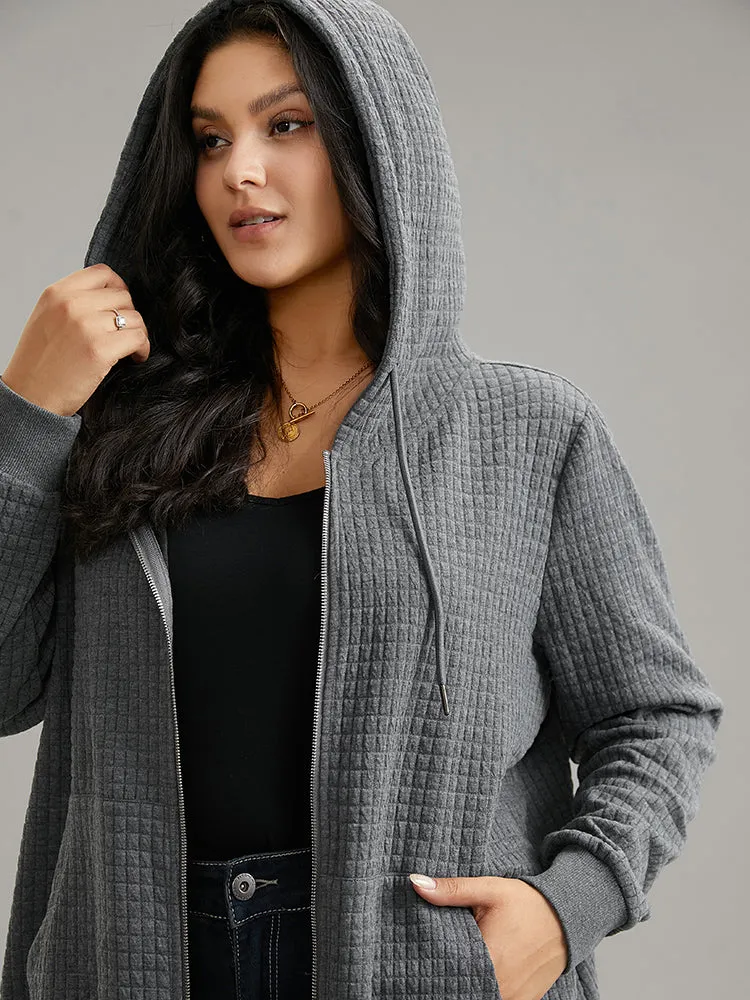 Plain Zipper Drawstring Jacquard Jacket
