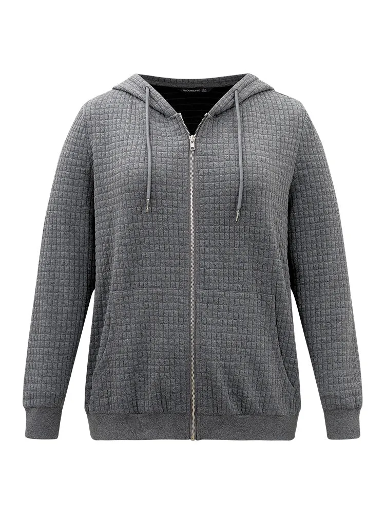 Plain Zipper Drawstring Jacquard Jacket