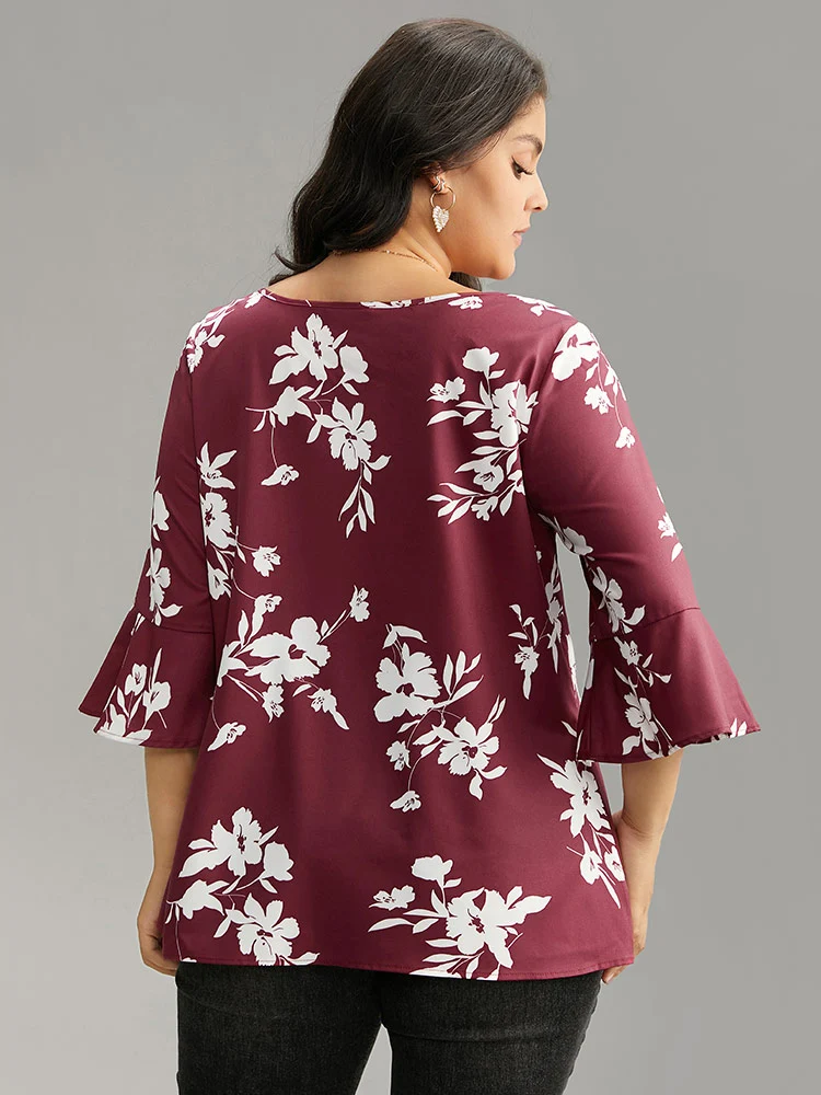 Silhouette Floral Print Ruffle Sleeve Twist Front Blouse