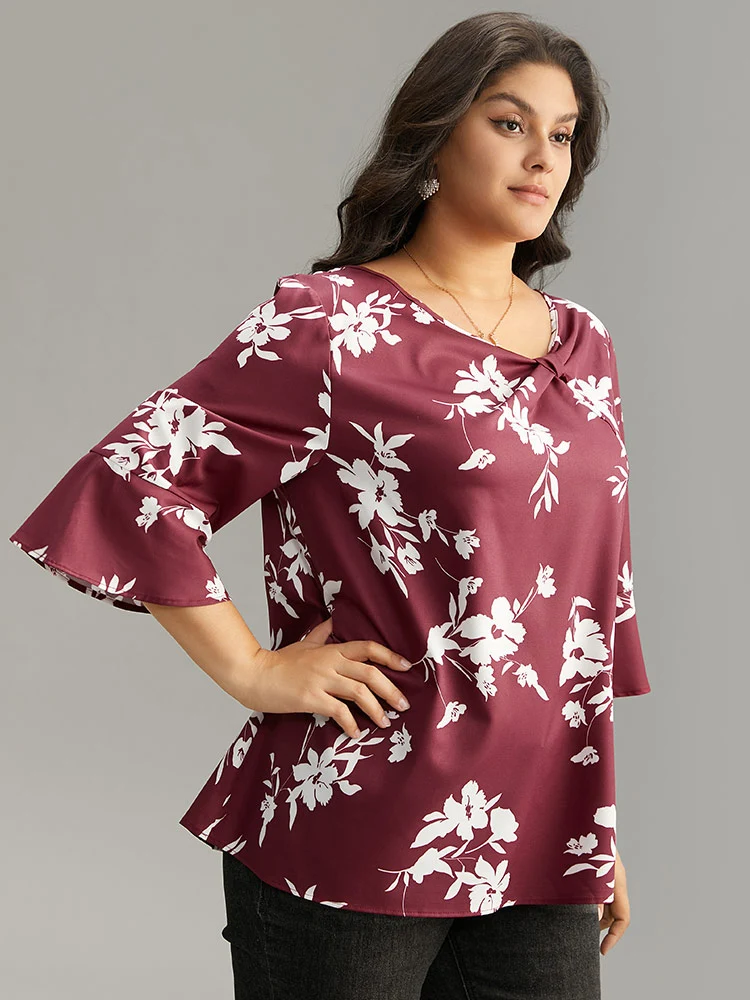 Silhouette Floral Print Ruffle Sleeve Twist Front Blouse