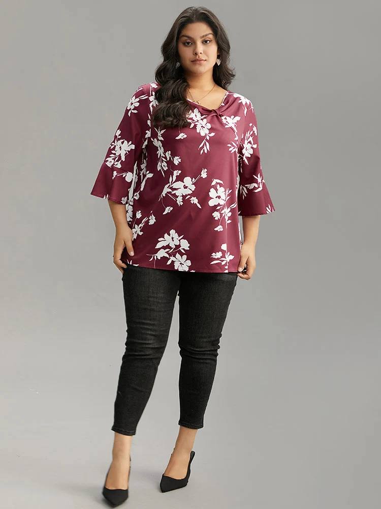 Silhouette Floral Print Ruffle Sleeve Twist Front Blouse