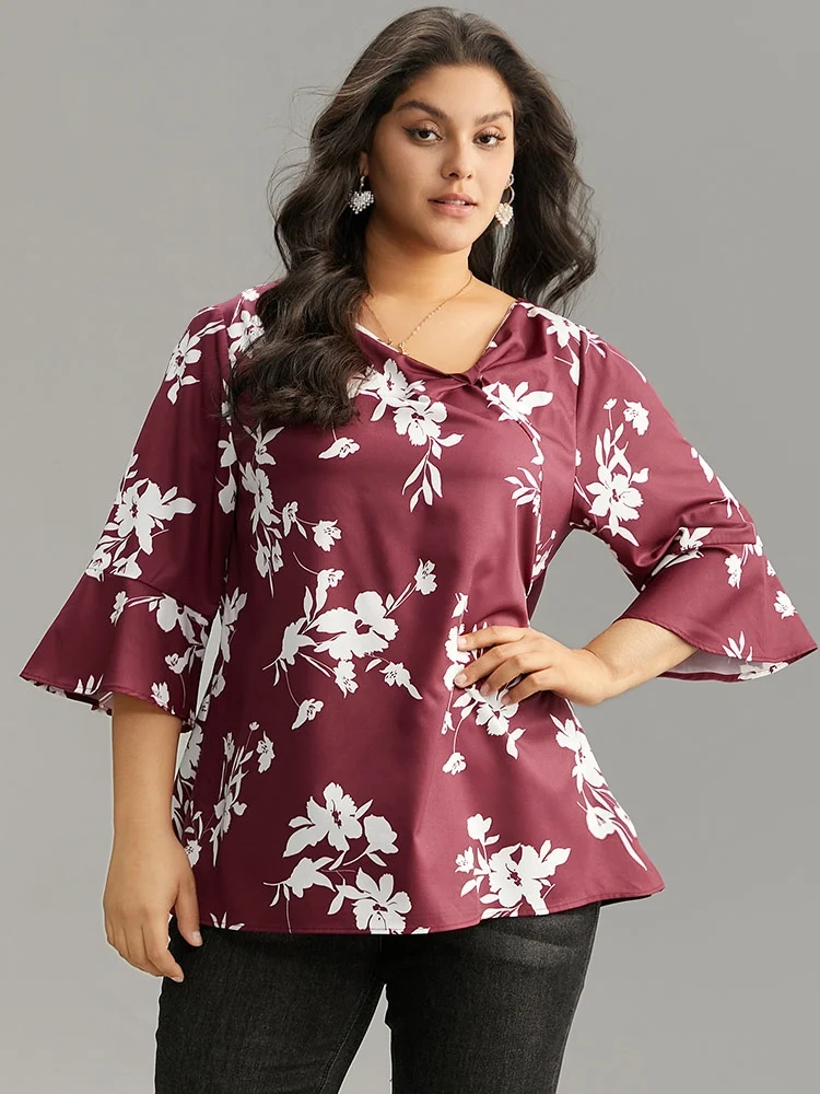 Silhouette Floral Print Ruffle Sleeve Twist Front Blouse