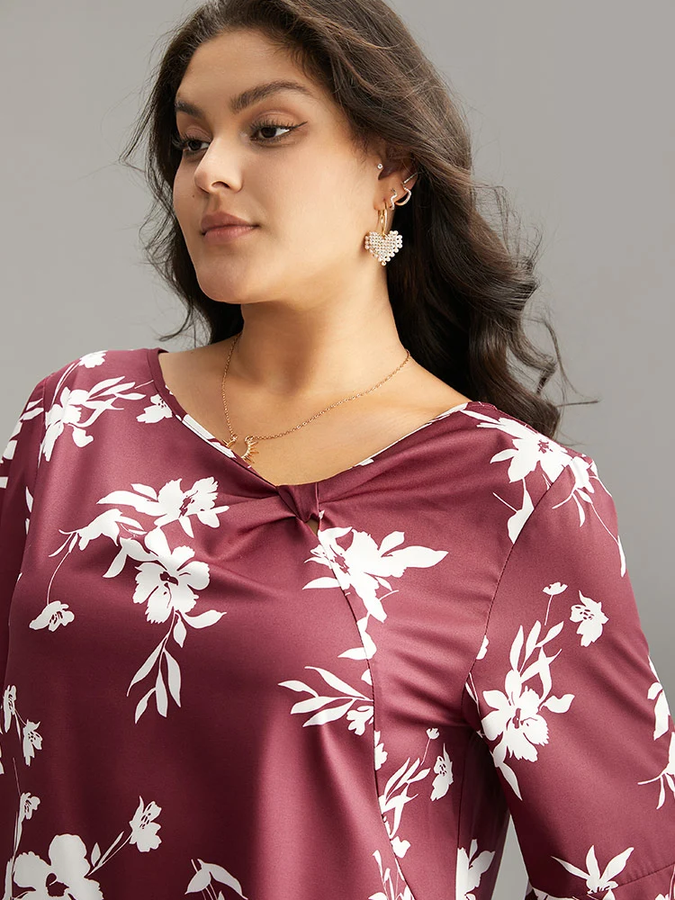 Silhouette Floral Print Ruffle Sleeve Twist Front Blouse