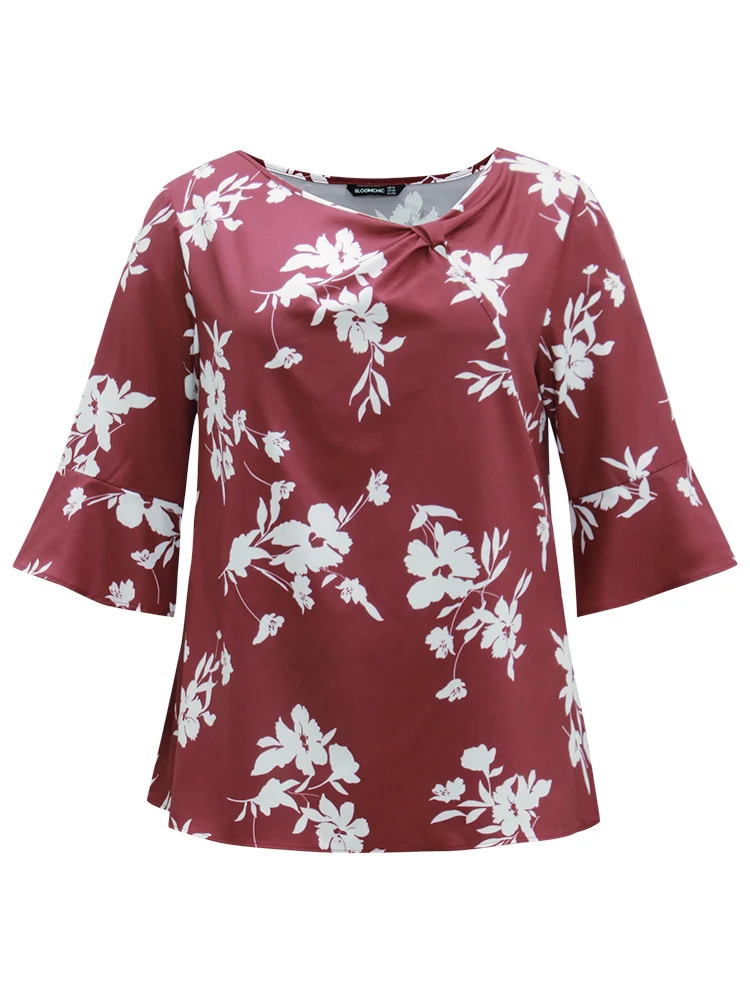 Silhouette Floral Print Ruffle Sleeve Twist Front Blouse