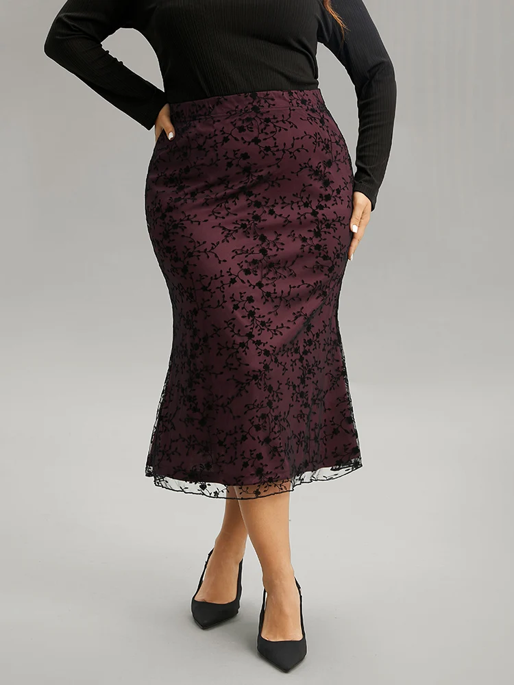 Silhouette Floral Print Flocking Elastic Waist Skirt