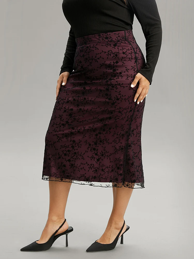 Silhouette Floral Print Flocking Elastic Waist Skirt