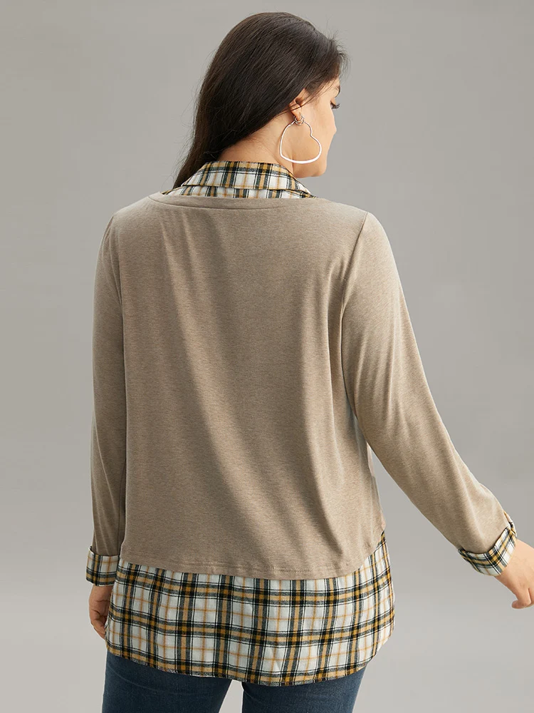 Plaid Patchwork Shirt Collar Curved Hem T-shirt