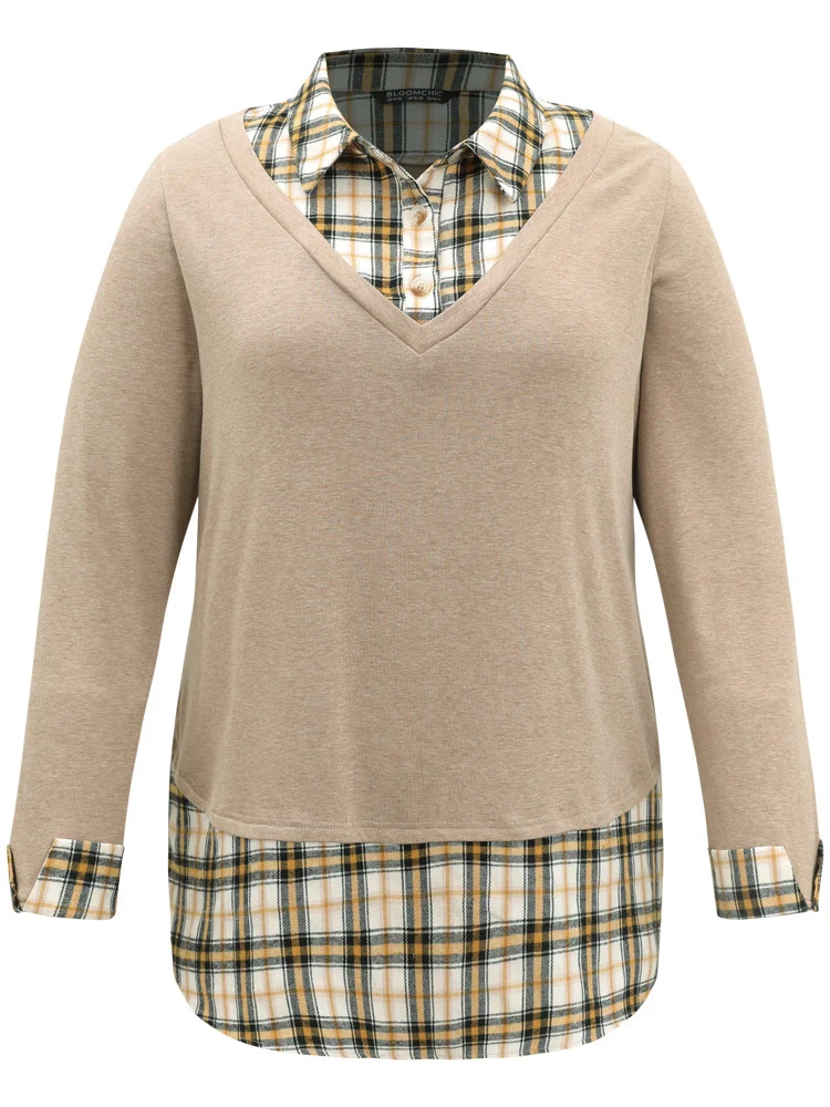 Plaid Patchwork Shirt Collar Curved Hem T-shirt