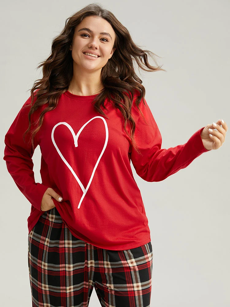 Heart Print Raglan Sleeve Crew Neck Sleep Top