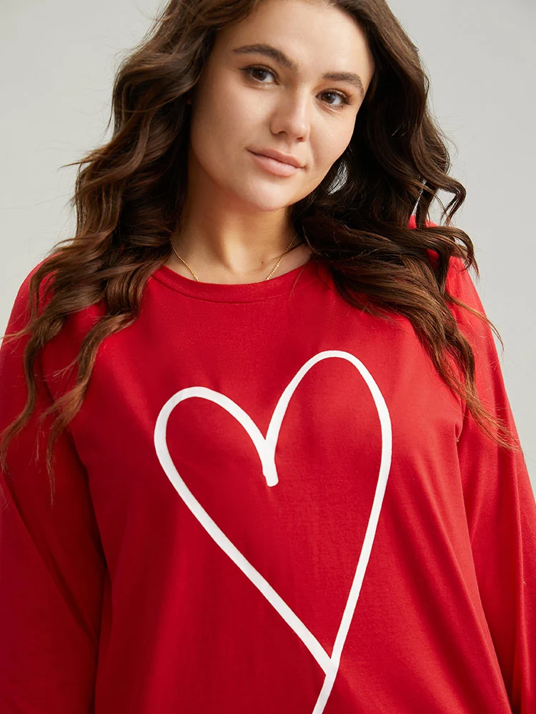 Heart Print Raglan Sleeve Crew Neck Sleep Top