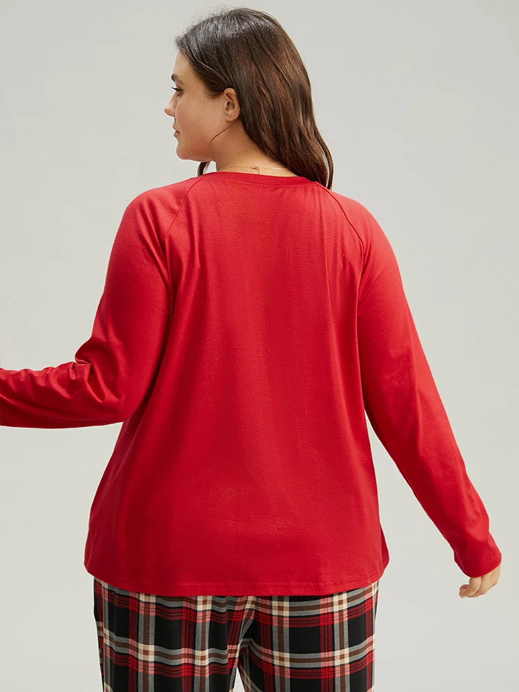 Heart Print Raglan Sleeve Crew Neck Sleep Top