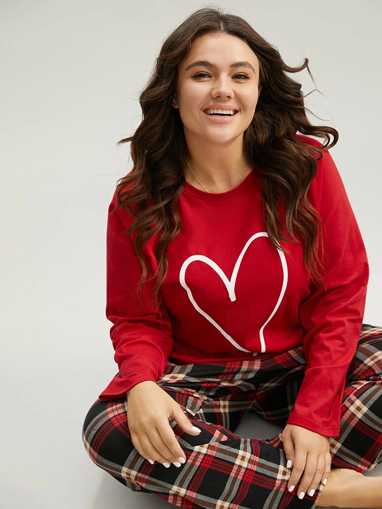 Heart Print Raglan Sleeve Crew Neck Sleep Top