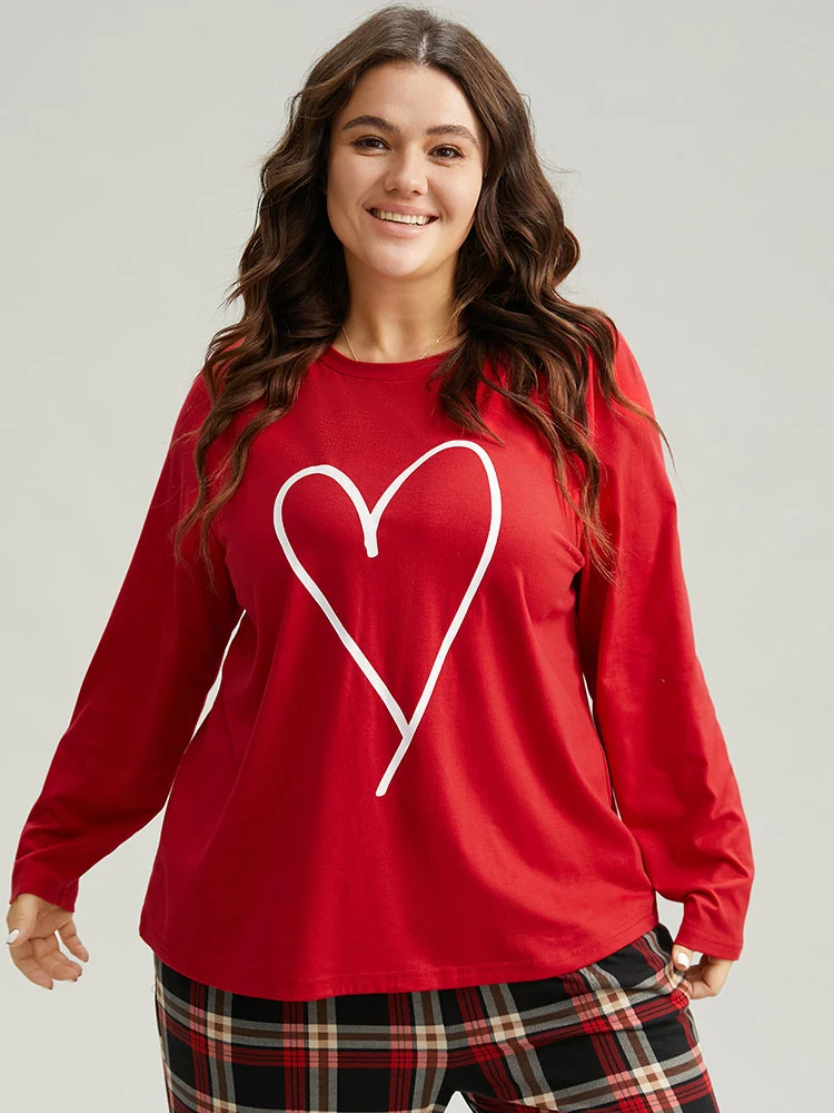 Heart Print Raglan Sleeve Crew Neck Sleep Top