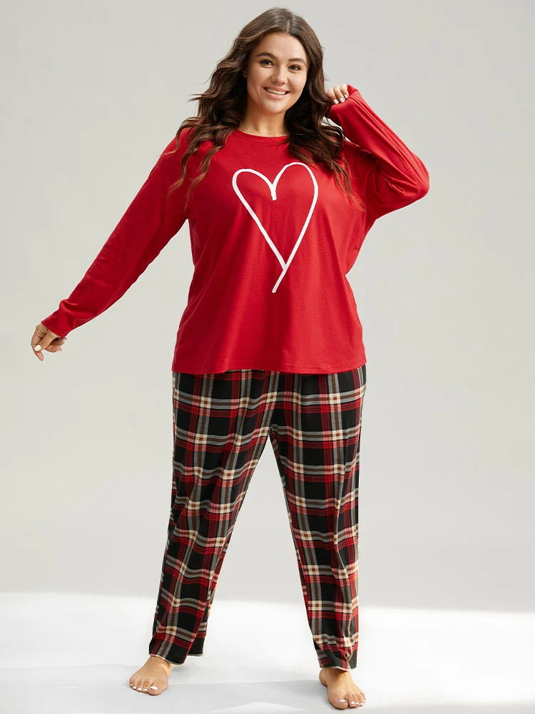 Heart Print Raglan Sleeve Crew Neck Sleep Top