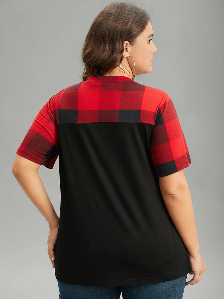 Plaid Contrast Patchwork Pocket Round Neck T-shirt