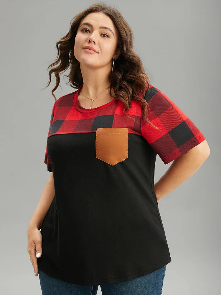 Plaid Contrast Patchwork Pocket Round Neck T-shirt