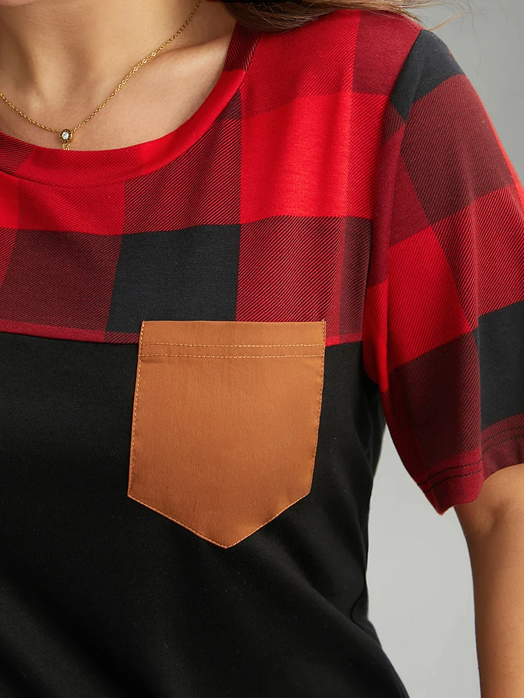 Plaid Contrast Patchwork Pocket Round Neck T-shirt