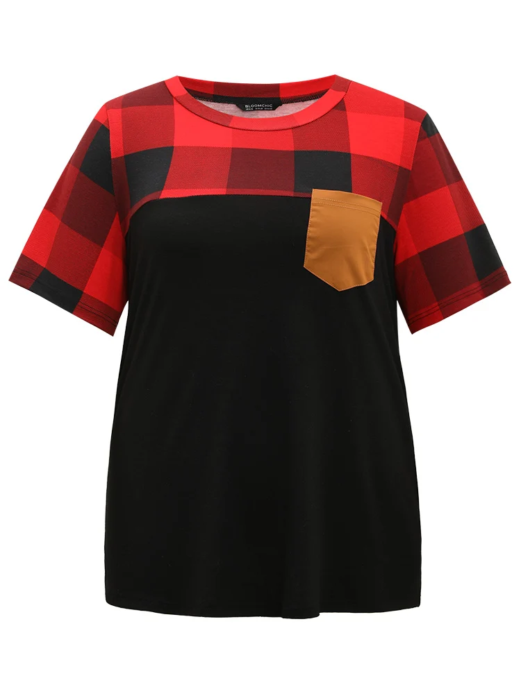 Plaid Contrast Patchwork Pocket Round Neck T-shirt
