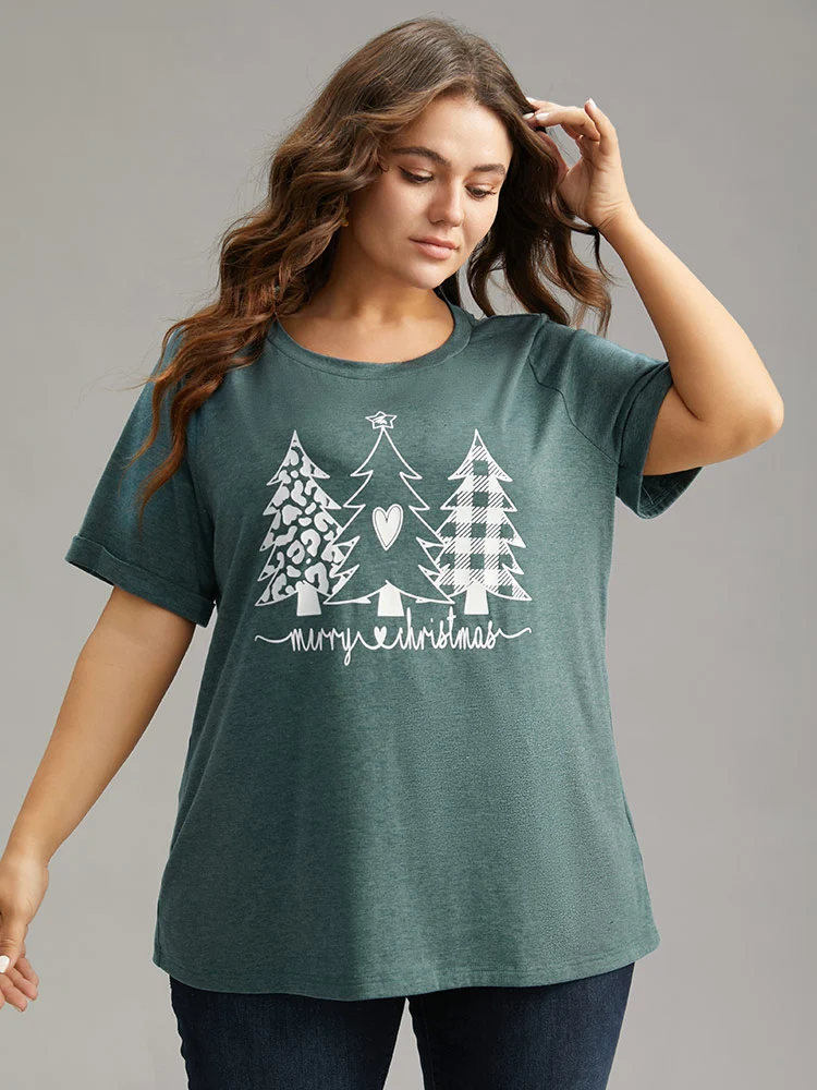 Christmas Trees Print Cuffed Sleeve T-shirt