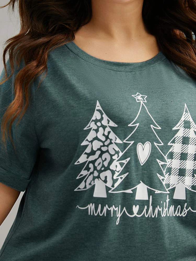 Christmas Trees Print Cuffed Sleeve T-shirt