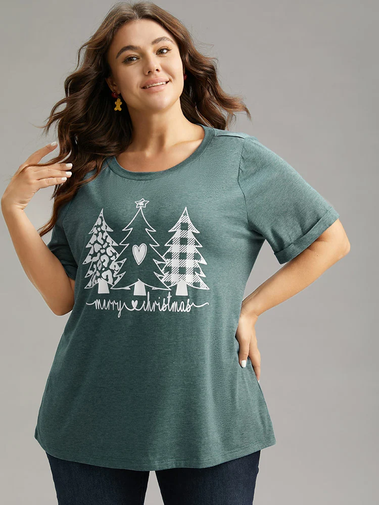 Christmas Trees Print Cuffed Sleeve T-shirt