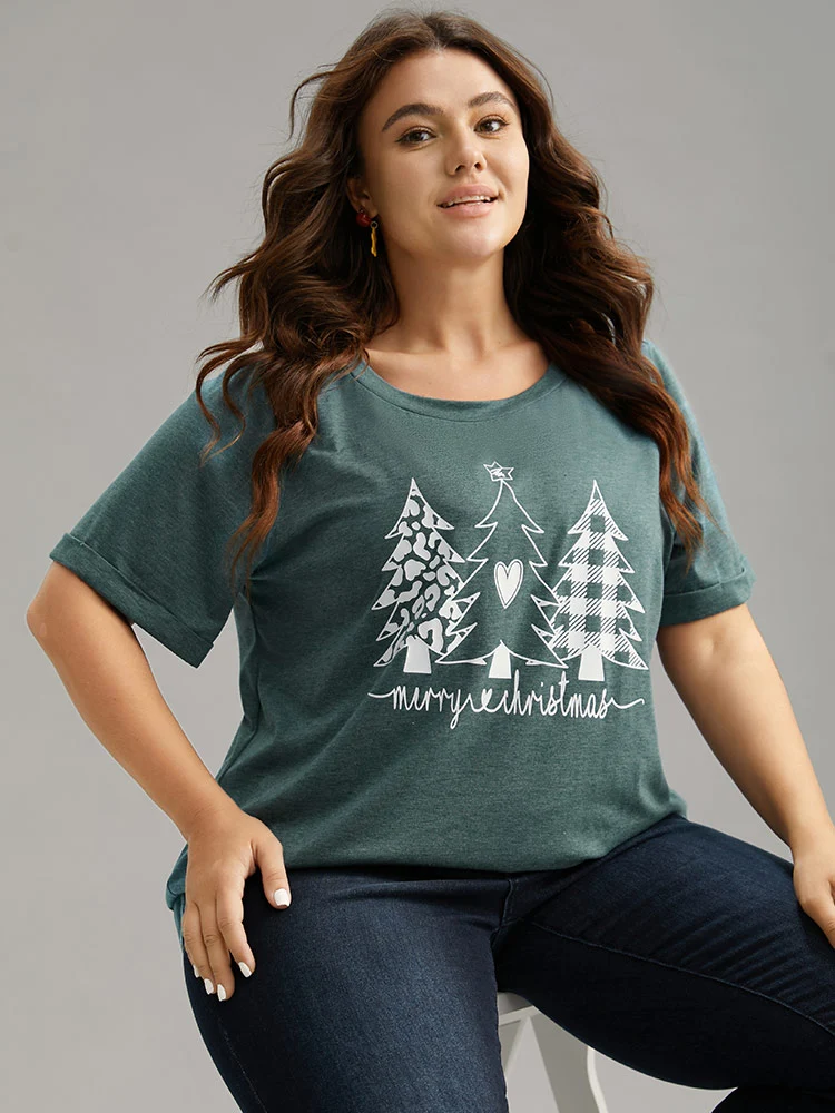 Christmas Trees Print Cuffed Sleeve T-shirt