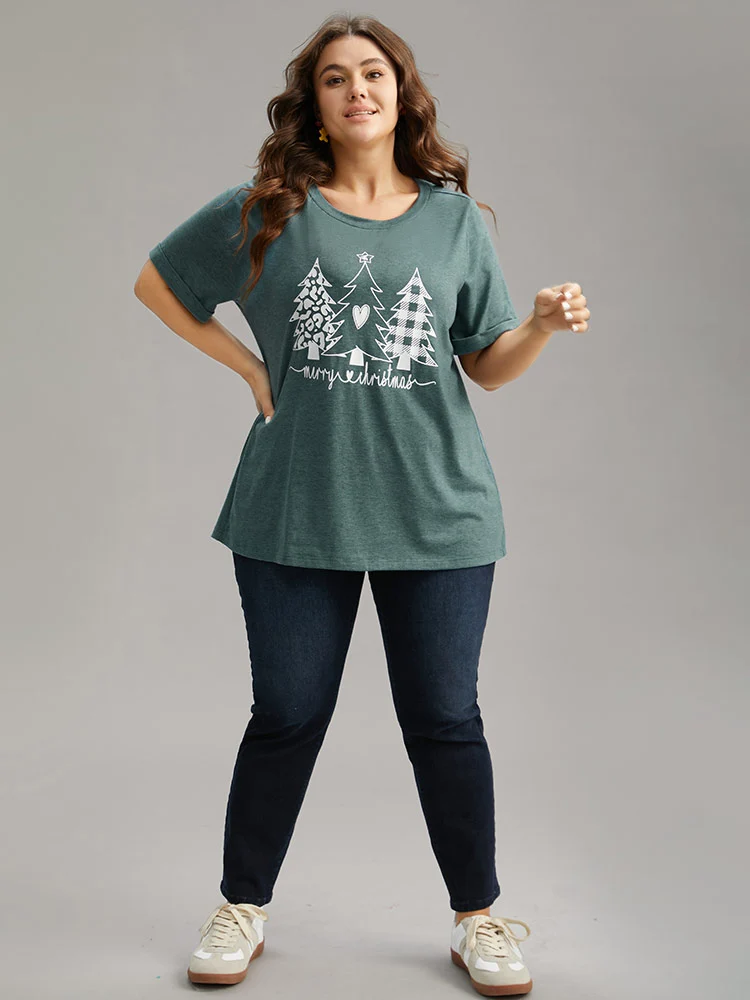 Christmas Trees Print Cuffed Sleeve T-shirt