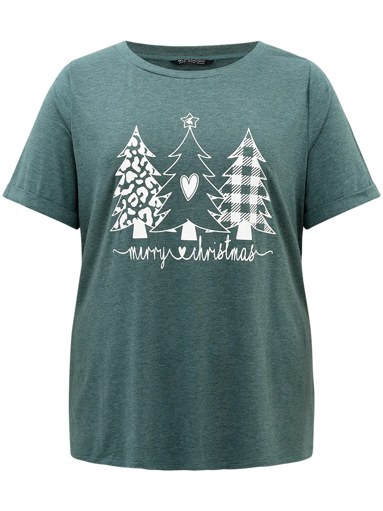 Christmas Trees Print Cuffed Sleeve T-shirt