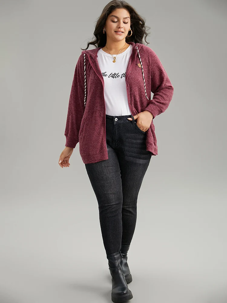 Solid Badge Trim Drawstring Zipper Jacket