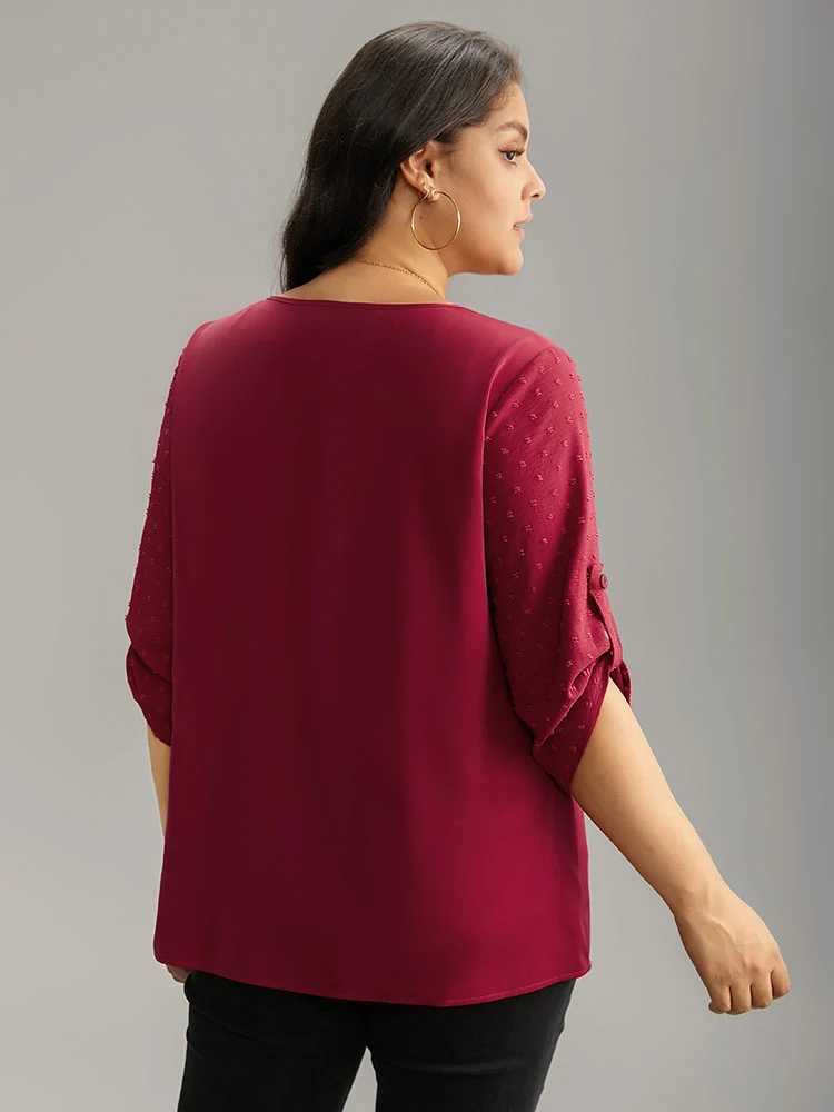 Plain V Neck Tab Sleeve Scalloped Trim Blouse