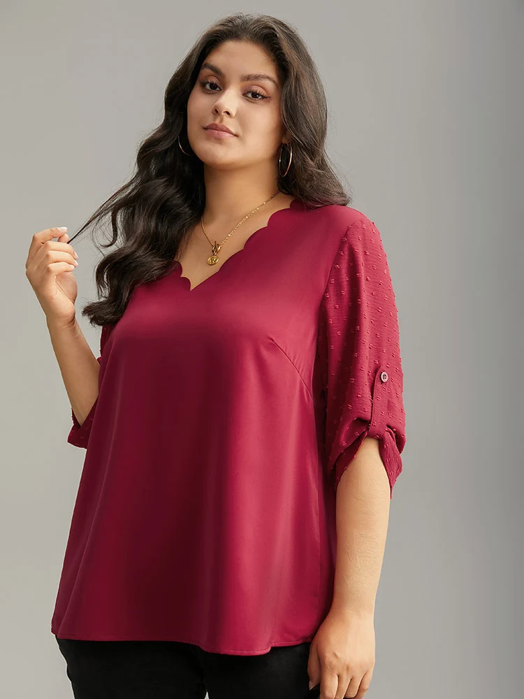 Plain V Neck Tab Sleeve Scalloped Trim Blouse