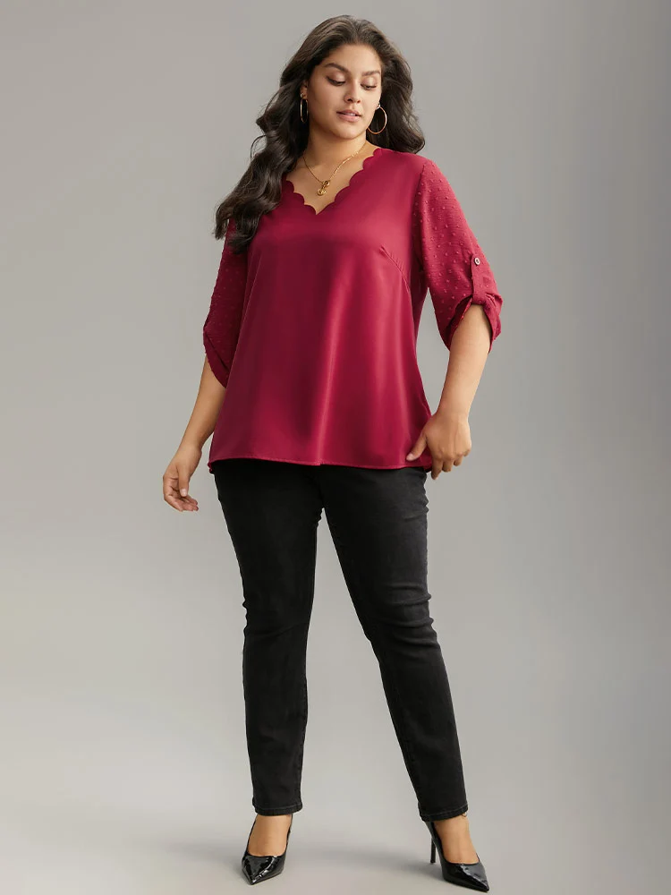 Plain V Neck Tab Sleeve Scalloped Trim Blouse