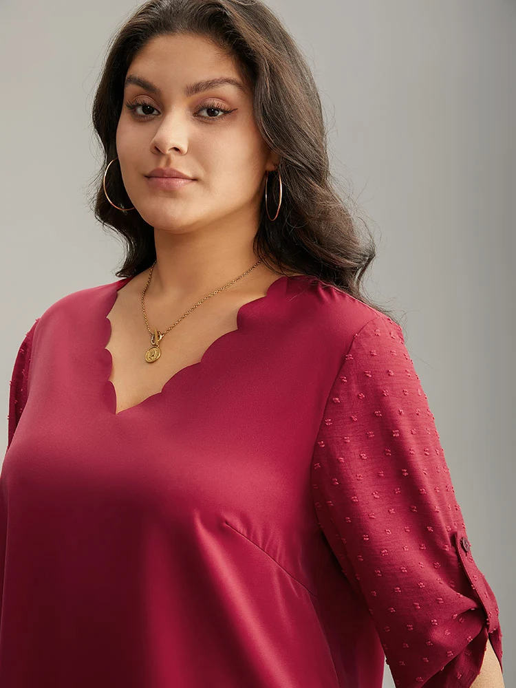 Plain V Neck Tab Sleeve Scalloped Trim Blouse
