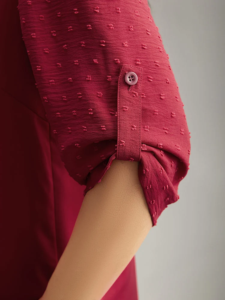 Plain V Neck Tab Sleeve Scalloped Trim Blouse
