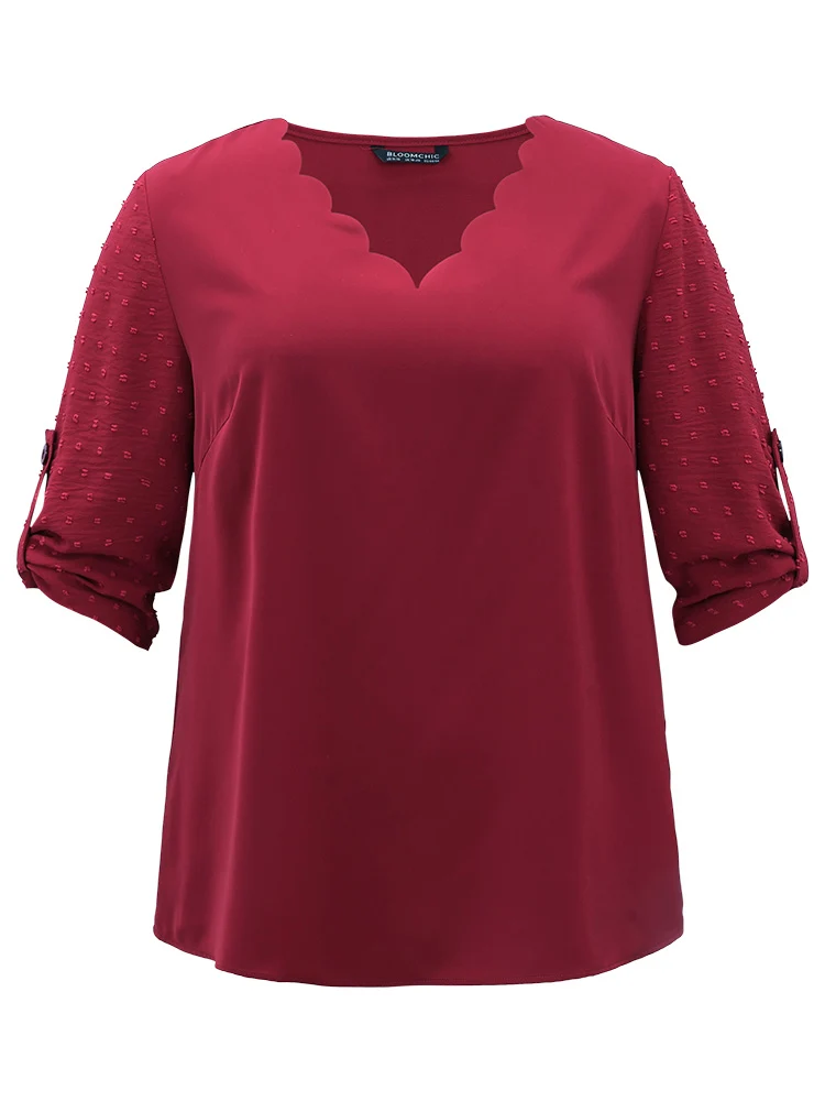 Plain V Neck Tab Sleeve Scalloped Trim Blouse