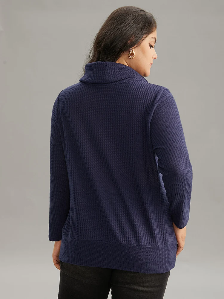 Solid Funnel Neck Waffle Knit Drawstring T-shirt