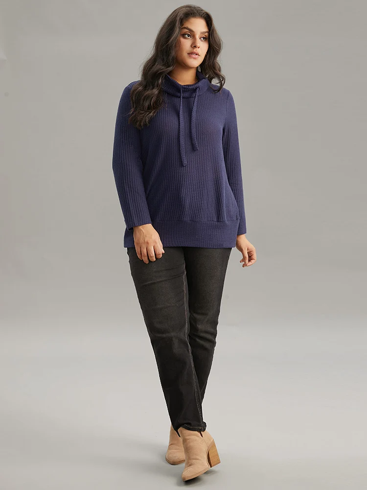 Solid Funnel Neck Waffle Knit Drawstring T-shirt