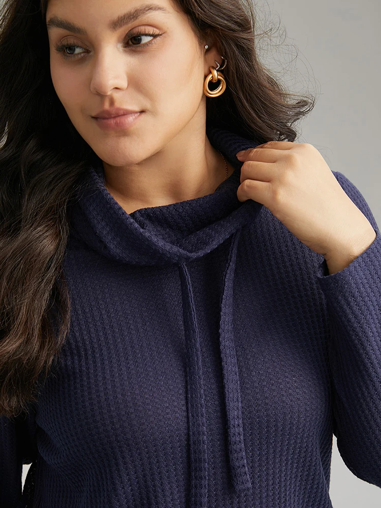 Solid Funnel Neck Waffle Knit Drawstring T-shirt