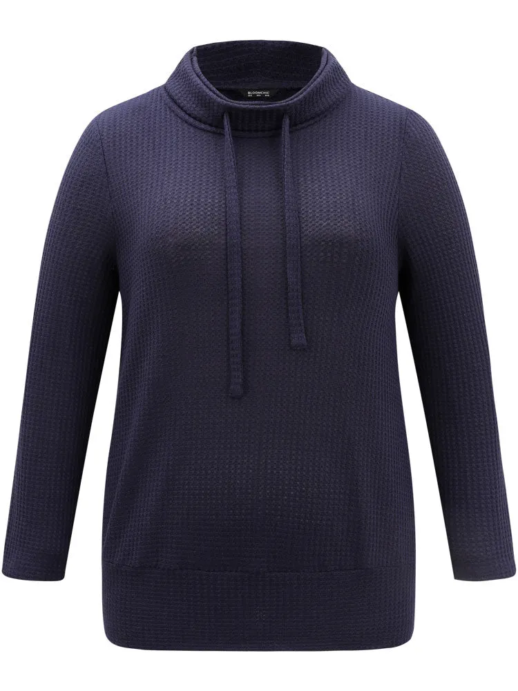 Solid Funnel Neck Waffle Knit Drawstring T-shirt
