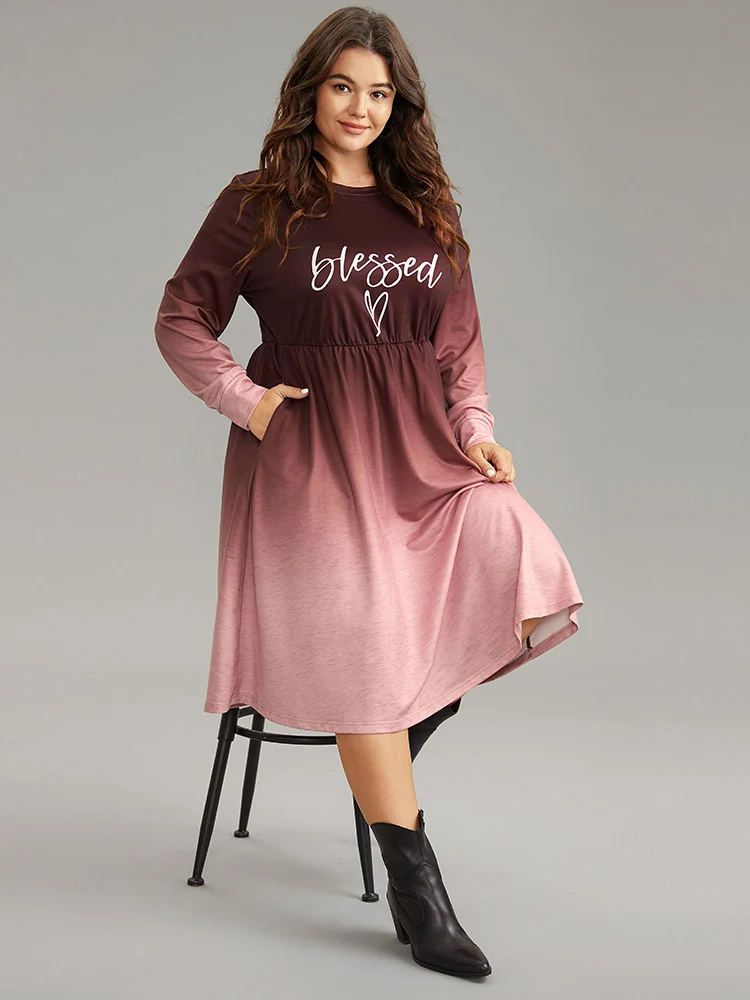 Letter Tie Dye Gathered Elastic Waist Dress