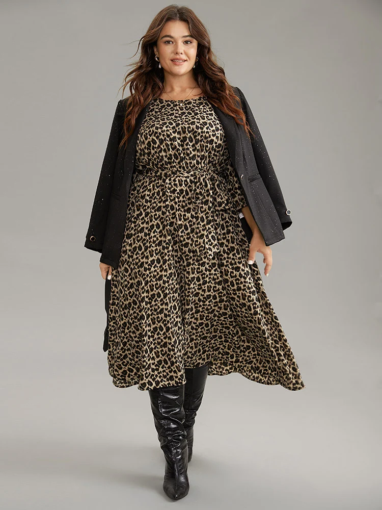 Leopard Elastic Waist Belted Round Neck Dress