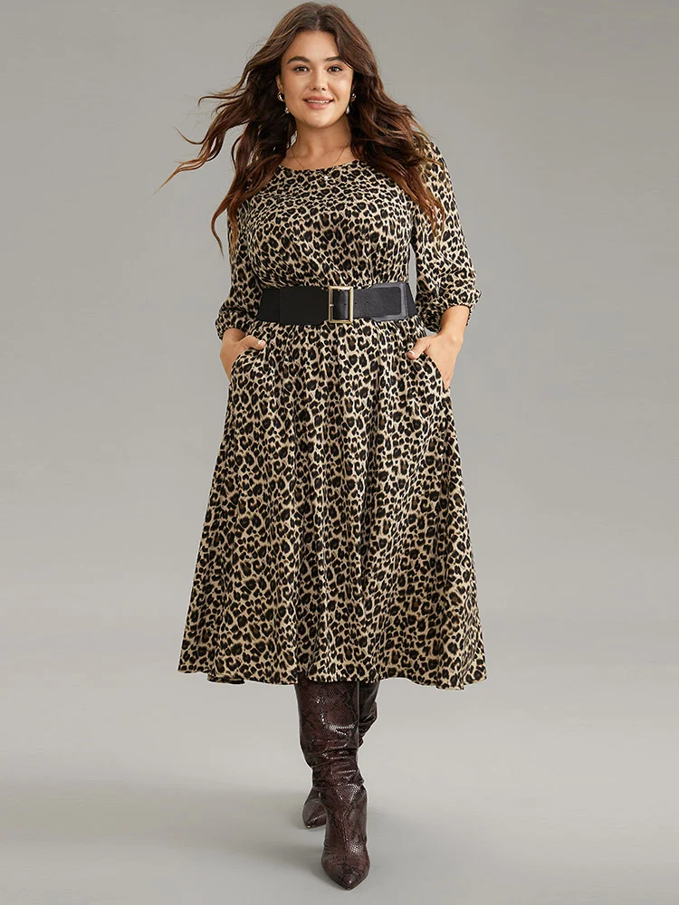 Leopard Elastic Waist Belted Round Neck Dress