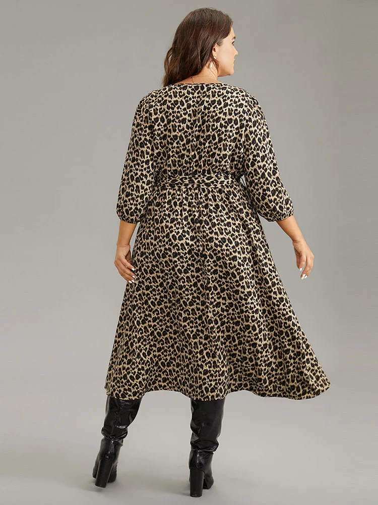 Leopard Elastic Waist Belted Round Neck Dress