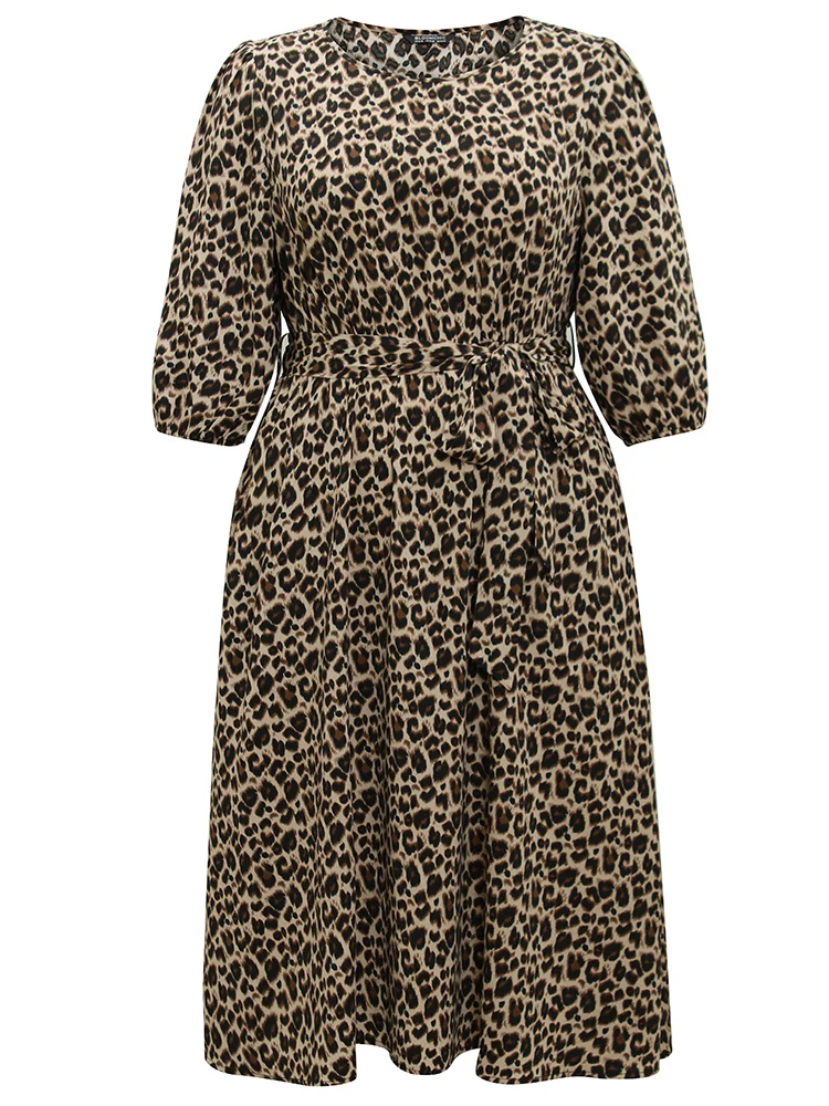 Leopard Elastic Waist Belted Round Neck Dress