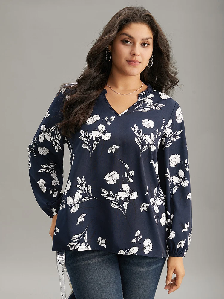 Silhouette Floral Print Ruffles Lantern Sleeve Blouse