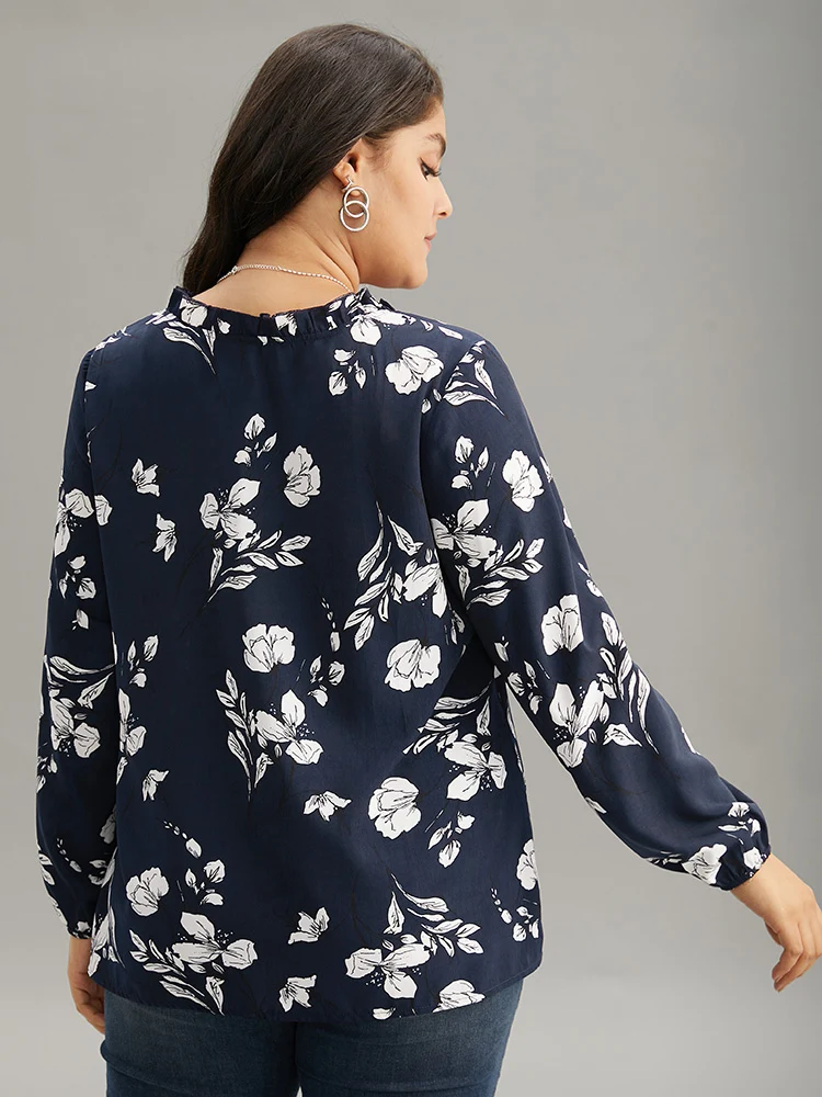 Silhouette Floral Print Ruffles Lantern Sleeve Blouse