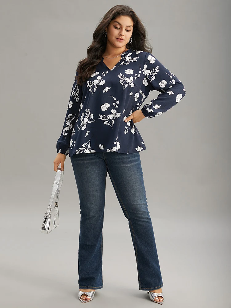 Silhouette Floral Print Ruffles Lantern Sleeve Blouse