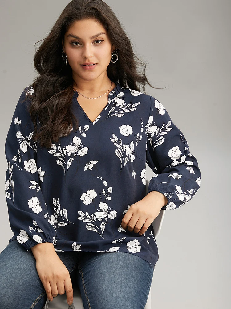 Silhouette Floral Print Ruffles Lantern Sleeve Blouse